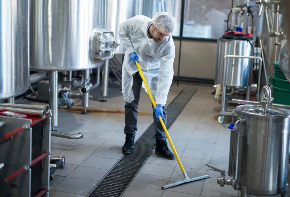 facility cleaning by a professional cleaner wearing protective equipment